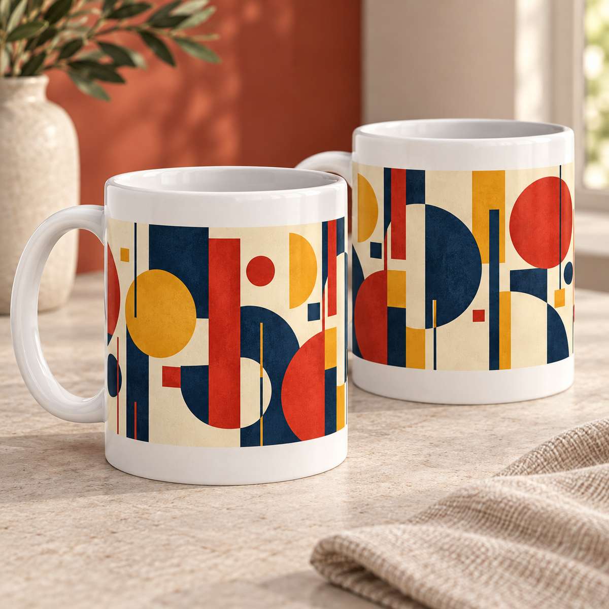 Bauhaus Balance abstract ceramic mugs, matching set of two, full wraparound design