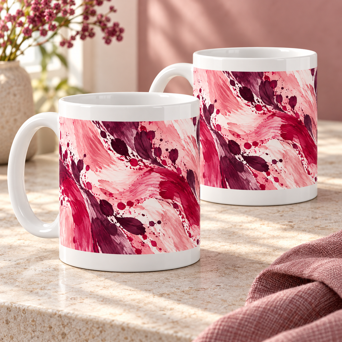 Berry Flourish abstract ceramic mugs, matching set of two, full wraparound design