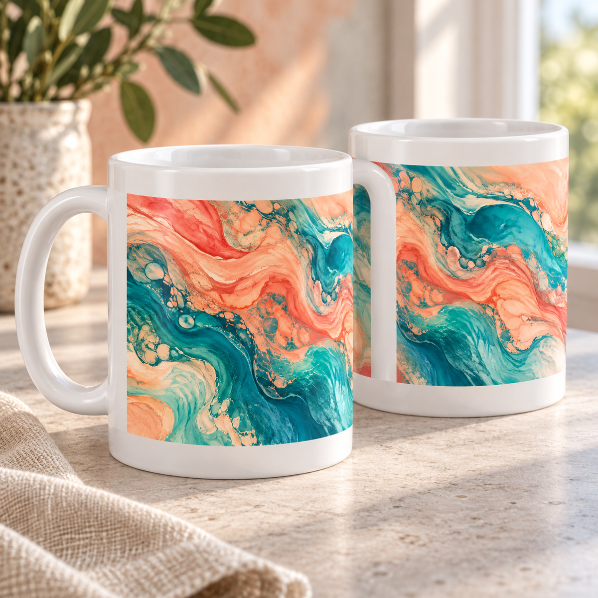 Coral Lagoon abstract ceramic mugs, matching set of two, full wraparound design