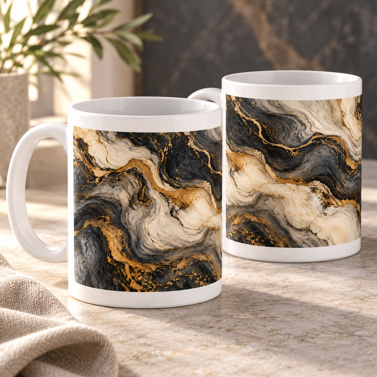 Golden Vein abstract ceramic mugs, matching set of two, full wraparound design