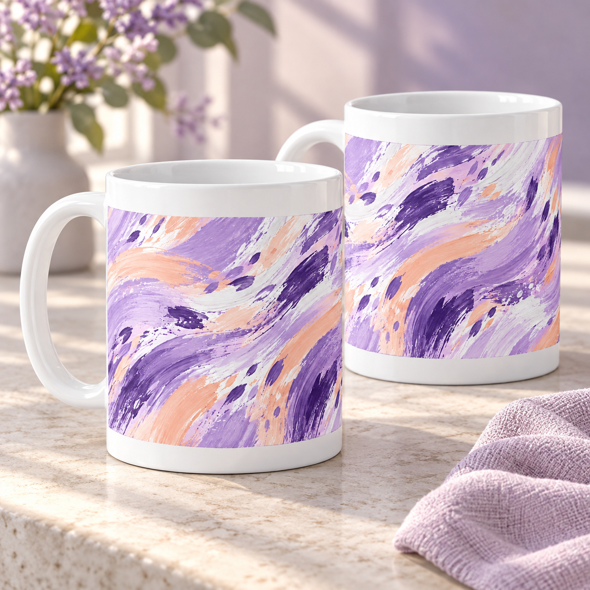 Lilac Tempo abstract ceramic mugs, matching set of two, full wraparound design