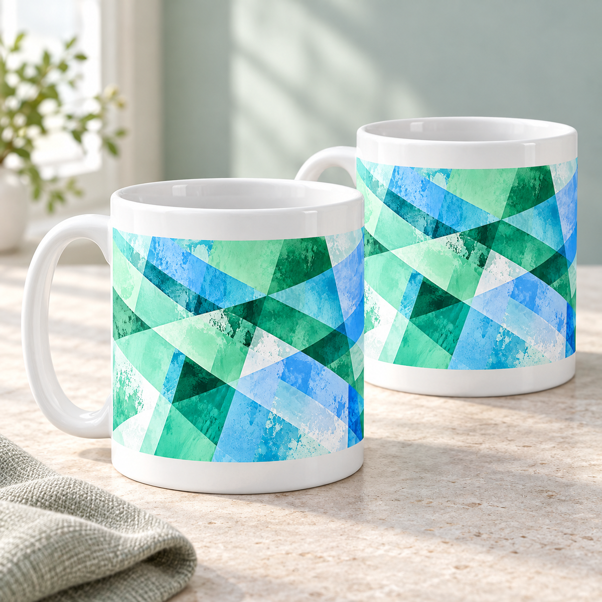 Mint Intersection abstract ceramic mugs, matching set of two, full wraparound design