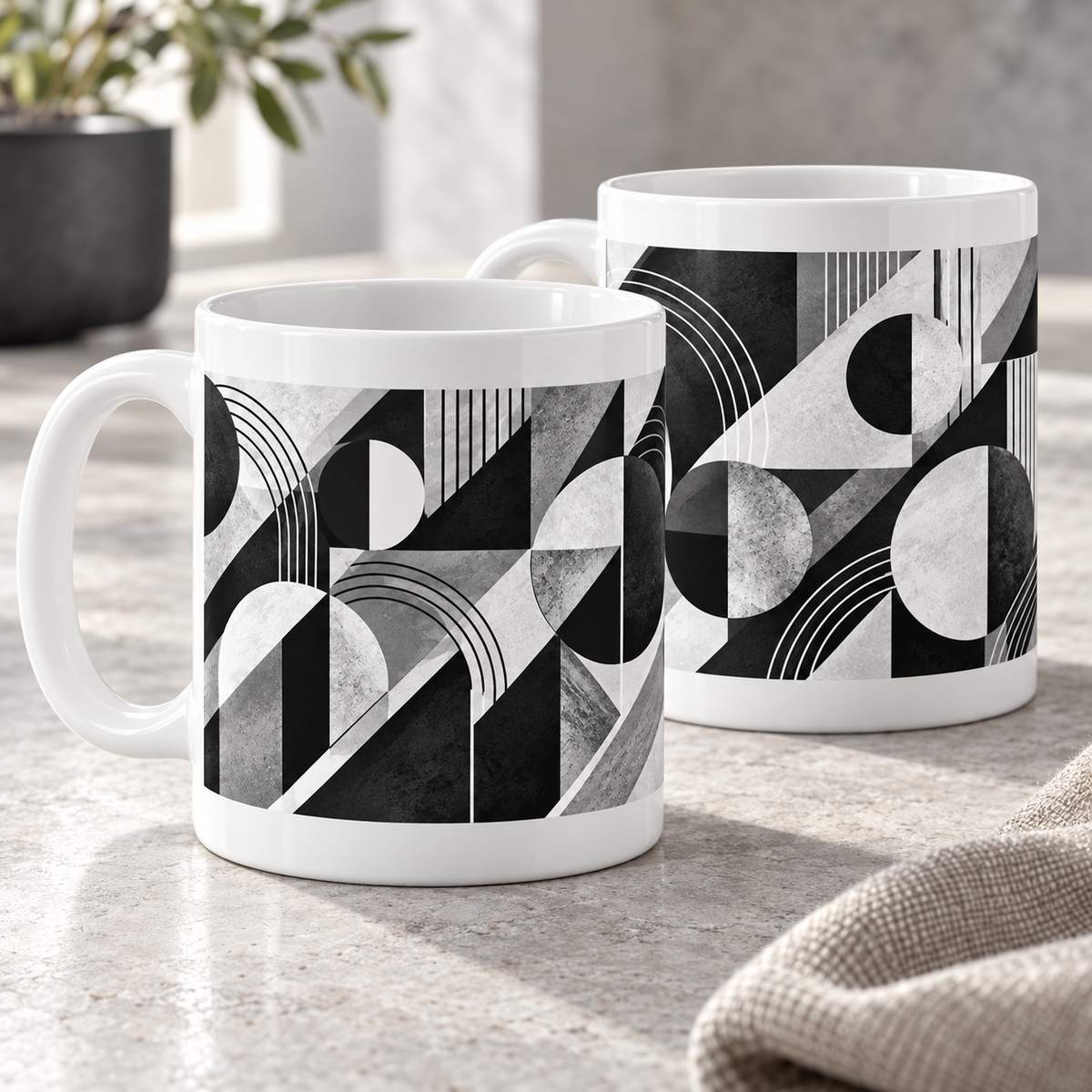 Monochrome Motion abstract ceramic mugs, matching set of two, full wraparound design