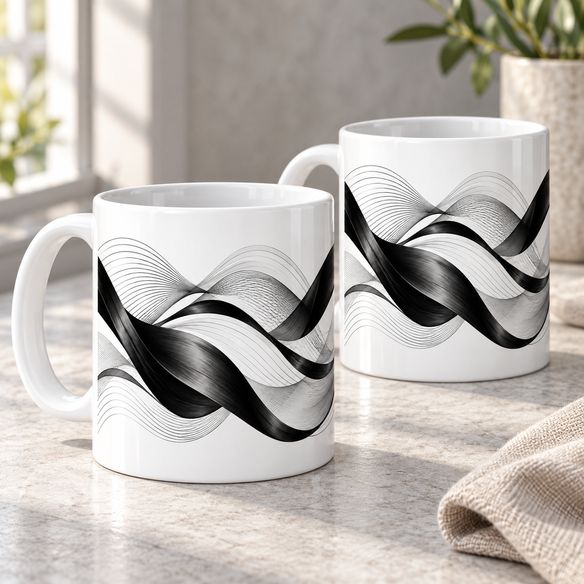 Monochrome Ribbon abstract ceramic mugs, matching set of two, full wraparound print