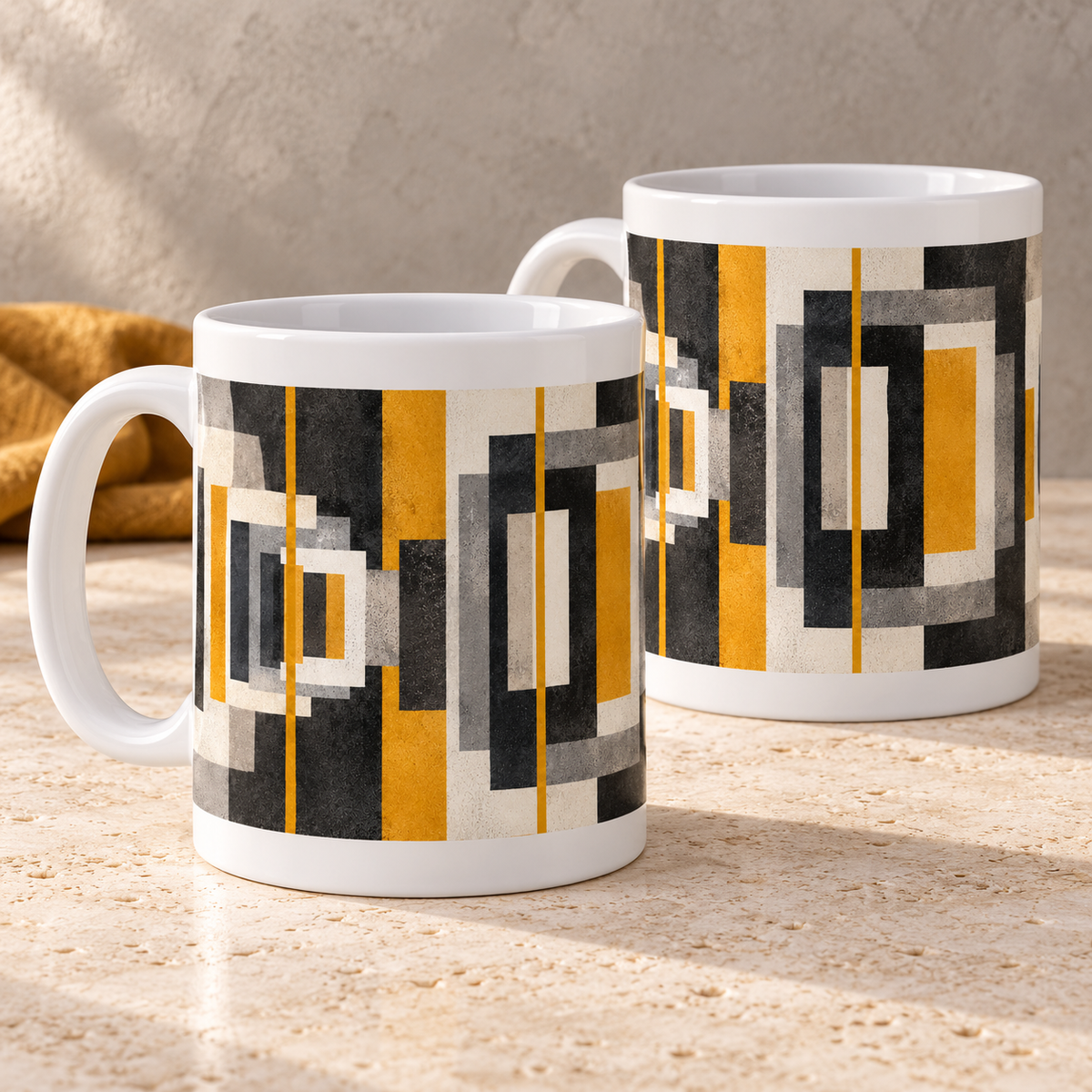Offset Echo abstract ceramic mugs, matching set of two, full wraparound print