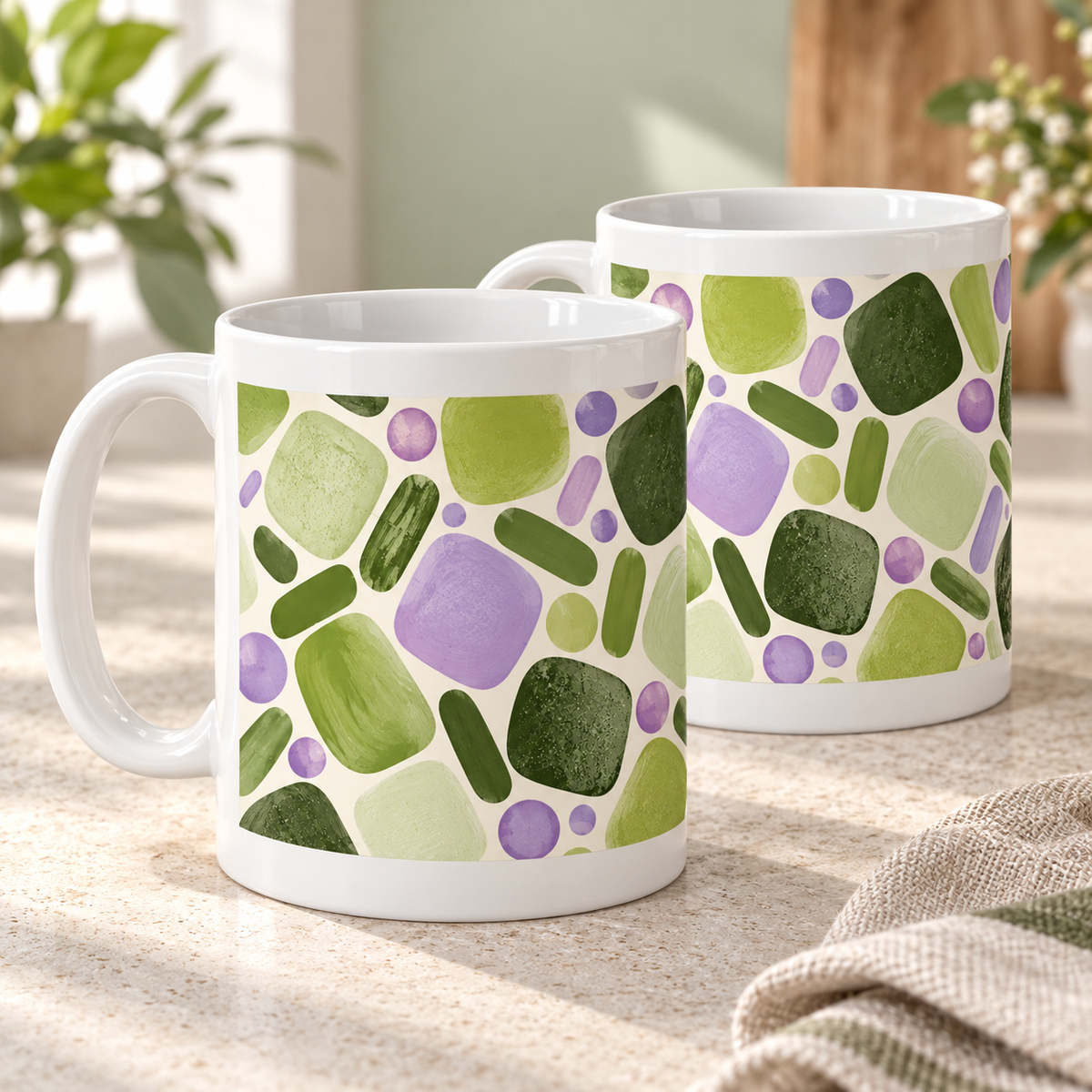 Pistachio Play abstract ceramic mugs, matching set of two, full wraparound design