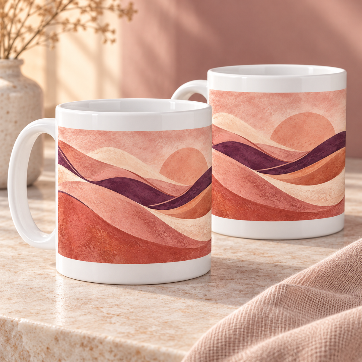 Rose Dune abstract ceramic mugs, matching set of two, full wraparound design