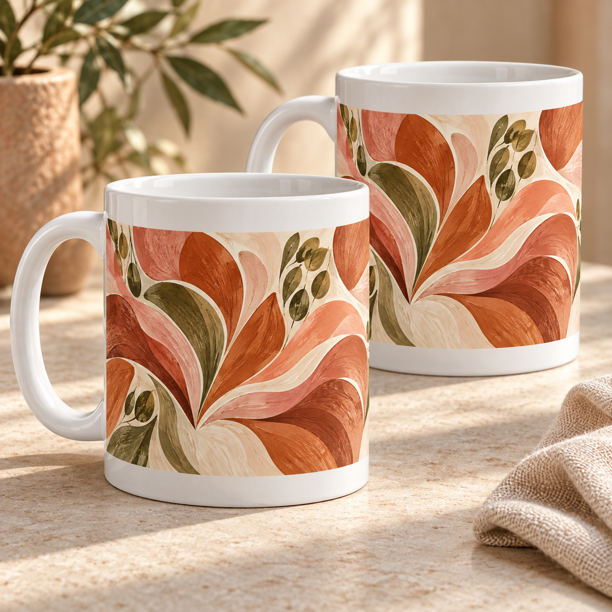Terra Petal abstract ceramic mugs, matching set of two, full wraparound design
