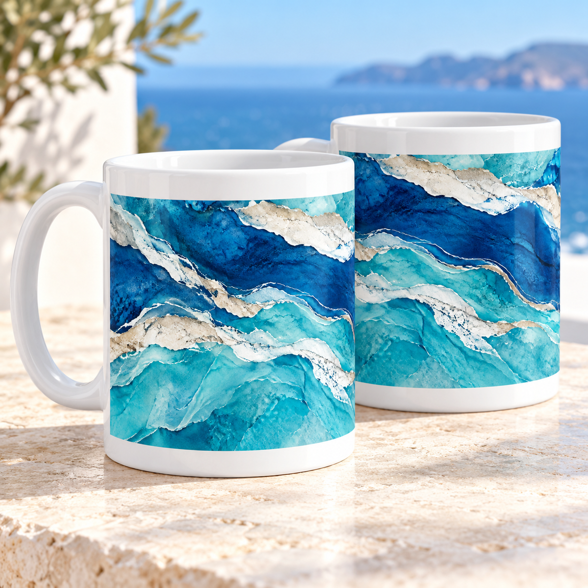 Aegean Layers Abstract Ceramic Mugs – Set of 2