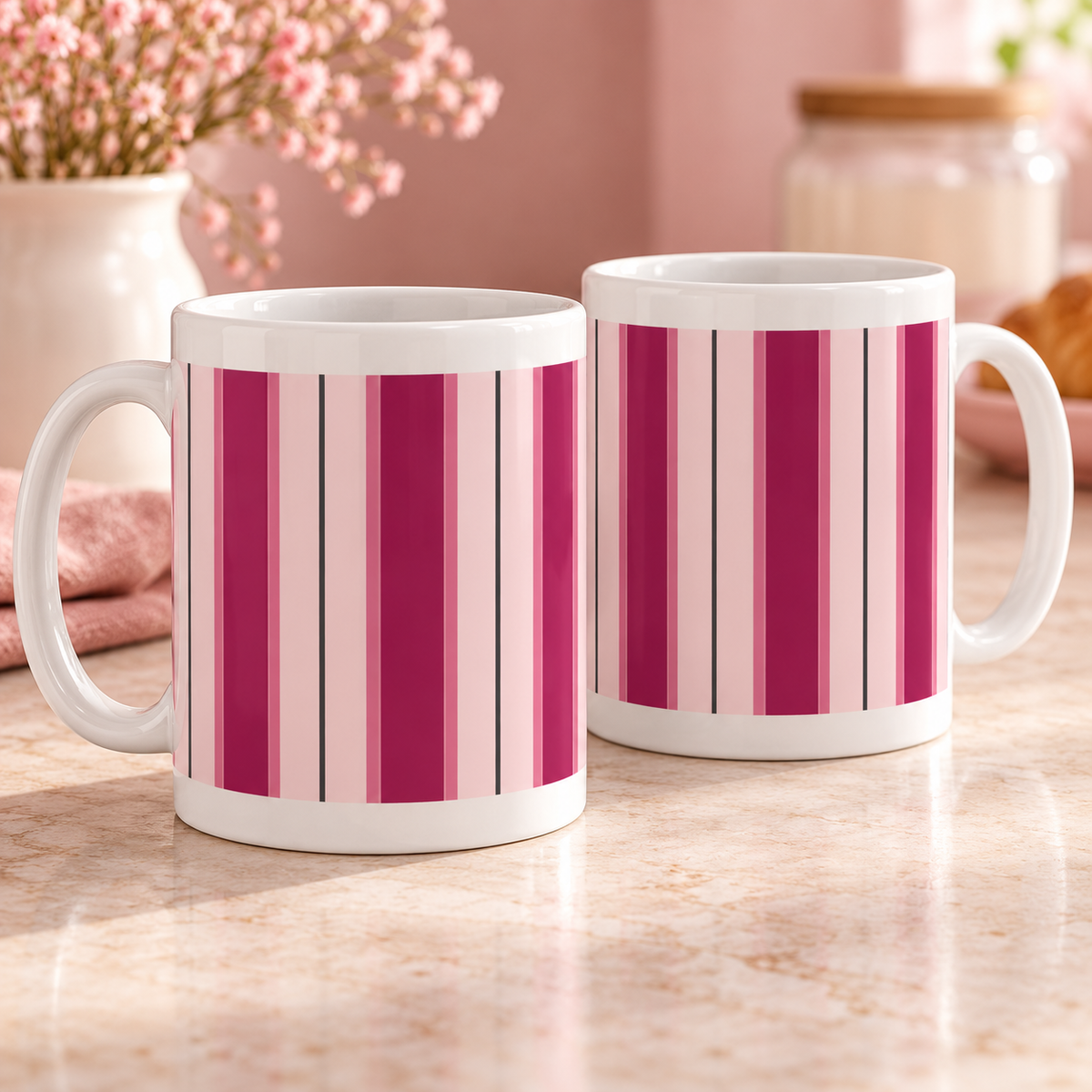 Two white ceramic mugs with berry and rose ribbon stripes and fine charcoal lines