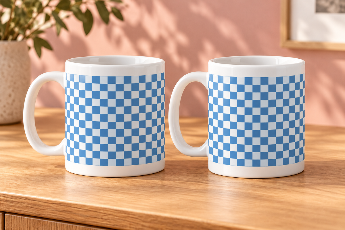 Blue Gingham Ceramic Mugs – Set of 2