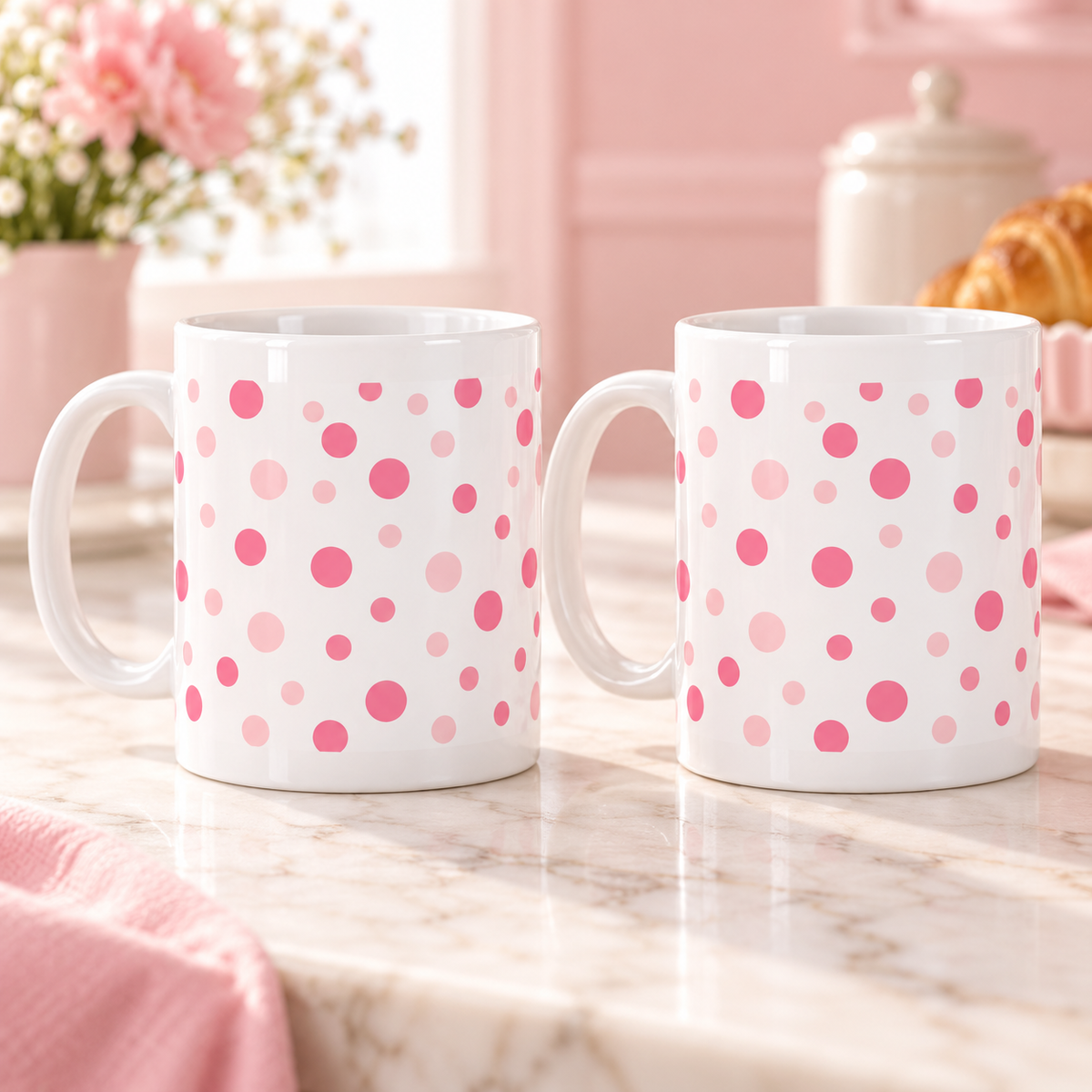 Blush Confetti Circles Ceramic Mugs – Set of 2 with matching wraparound patterns, white ceramic borders and both handles on the left