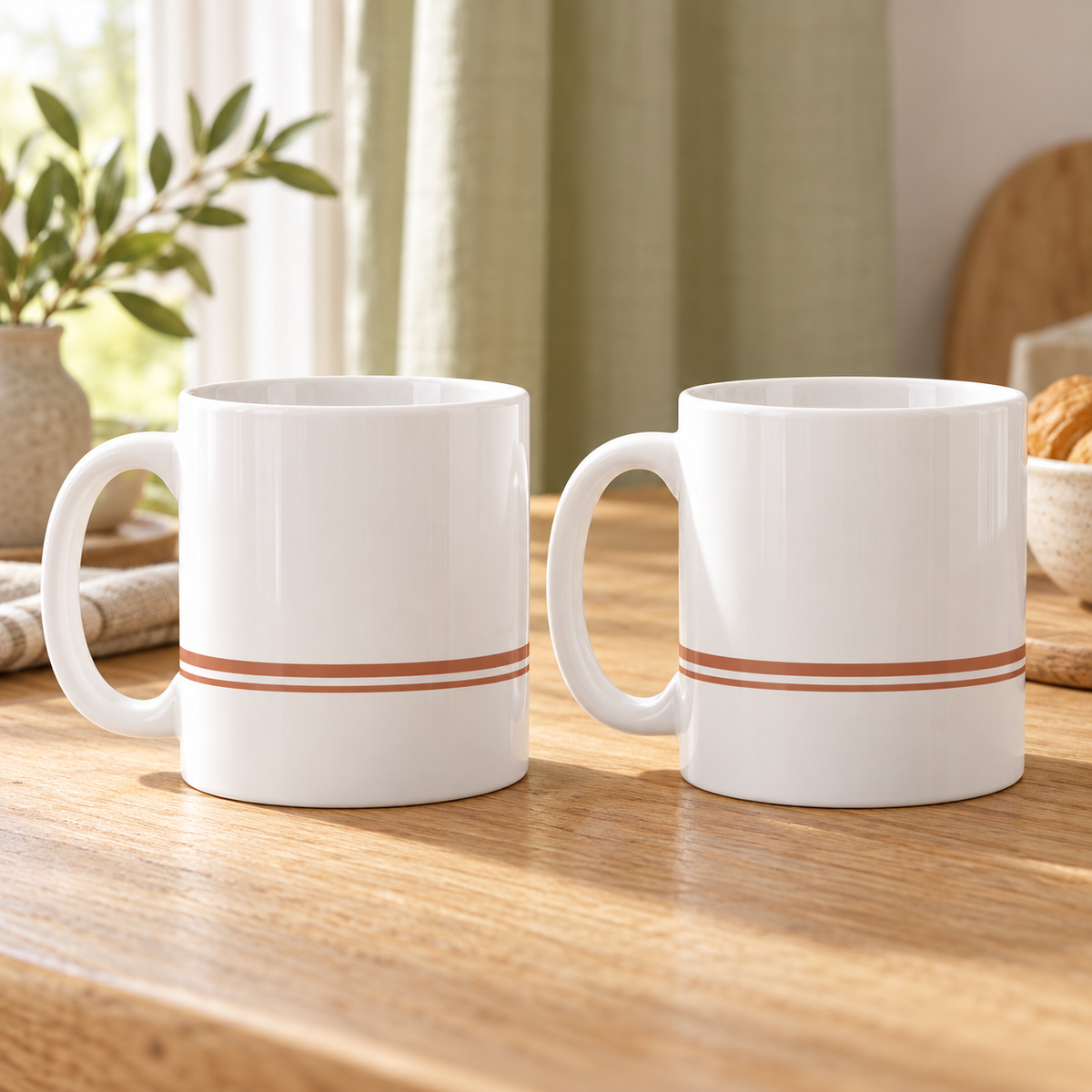 Double Terracotta Line Ceramic Mugs – Set of 2 with matching printed designs, white ceramic borders and both handles on the left