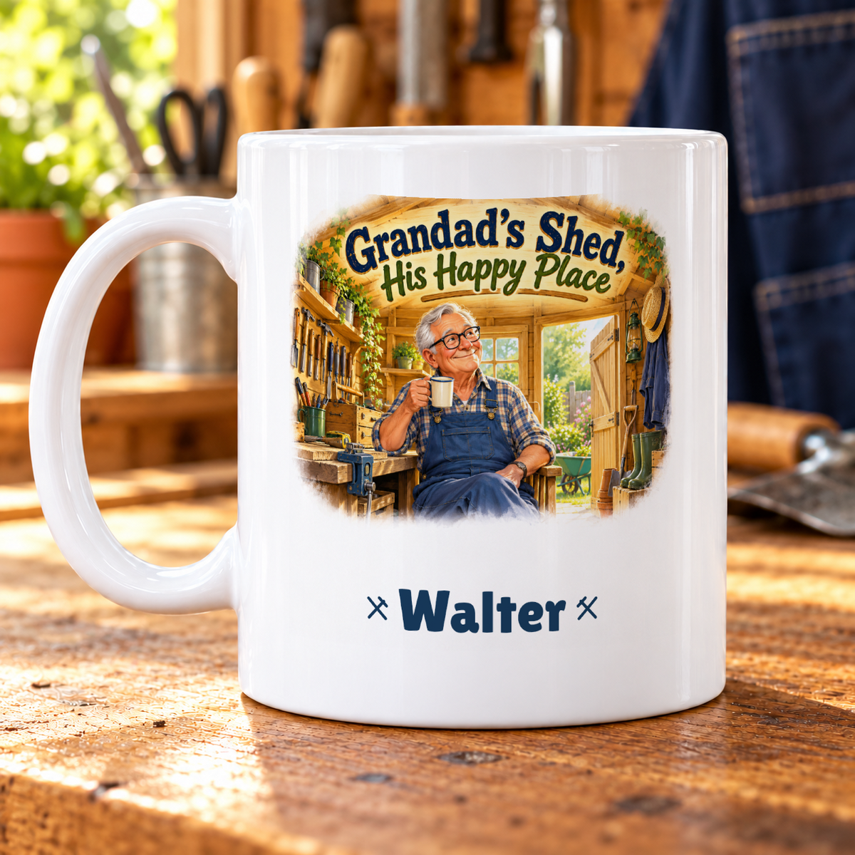 Grandad’s Shed, His Happy Place – Personalised Mug — example Walter