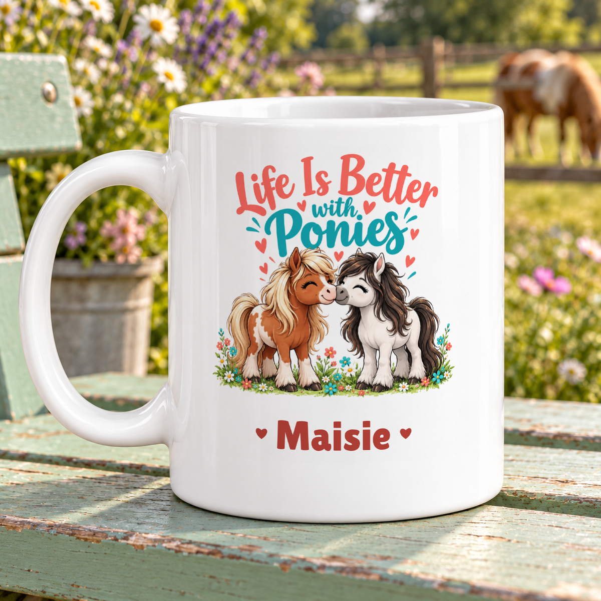 Smiling ponies in a tiny meadow — example personalised with Maisie