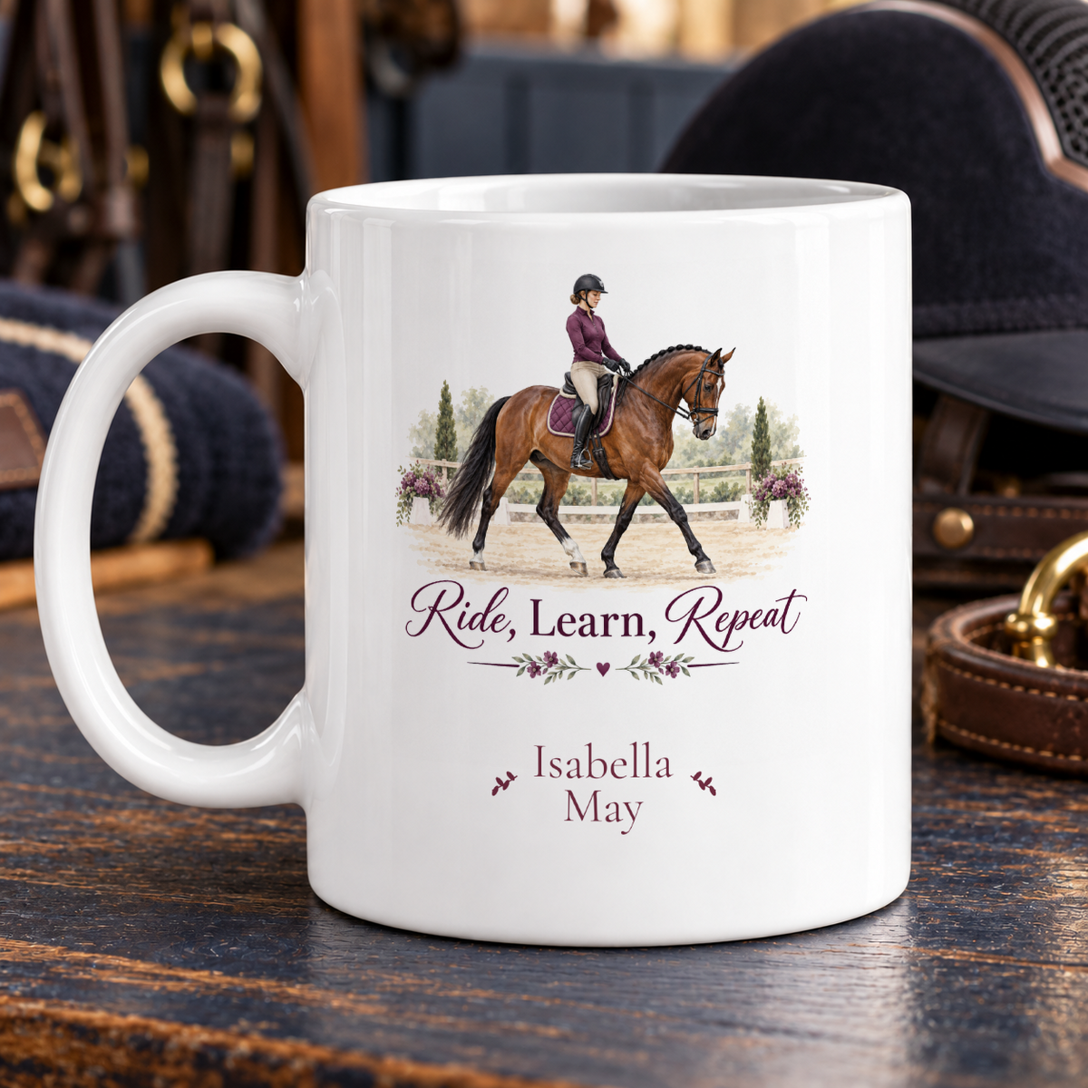 Elegant bay horse training scene — example personalised with Isabella / May