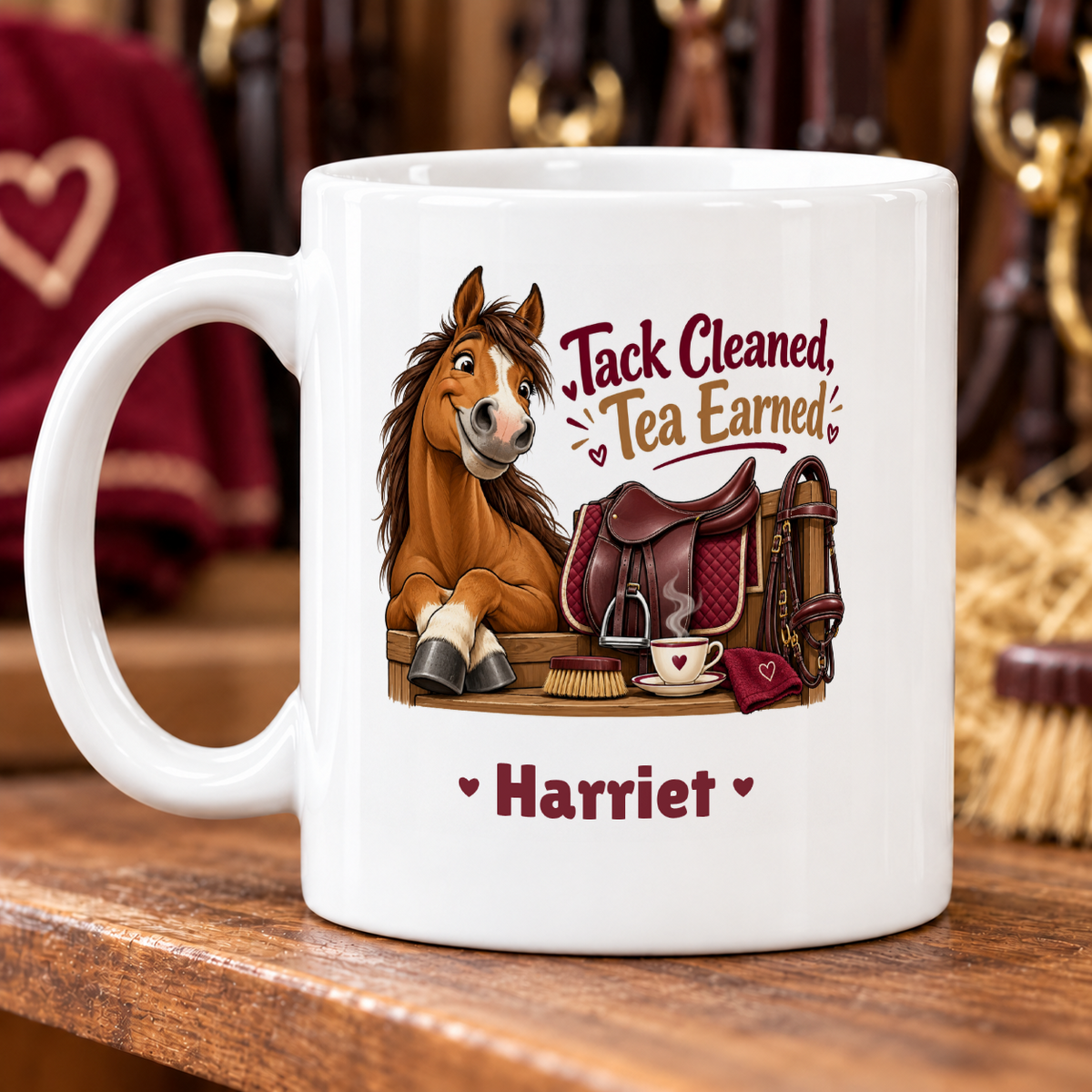 Smiling Horse, Saddle, and Tea — example personalised with Harriet