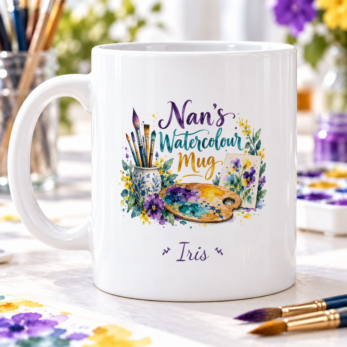 Jewel-tone artist palette still life — example personalised with Iris
