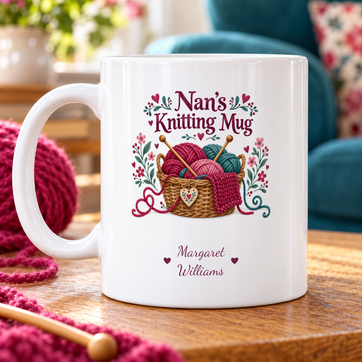 Nan’s Knitting Mug — example personalised with Margaret / Williams