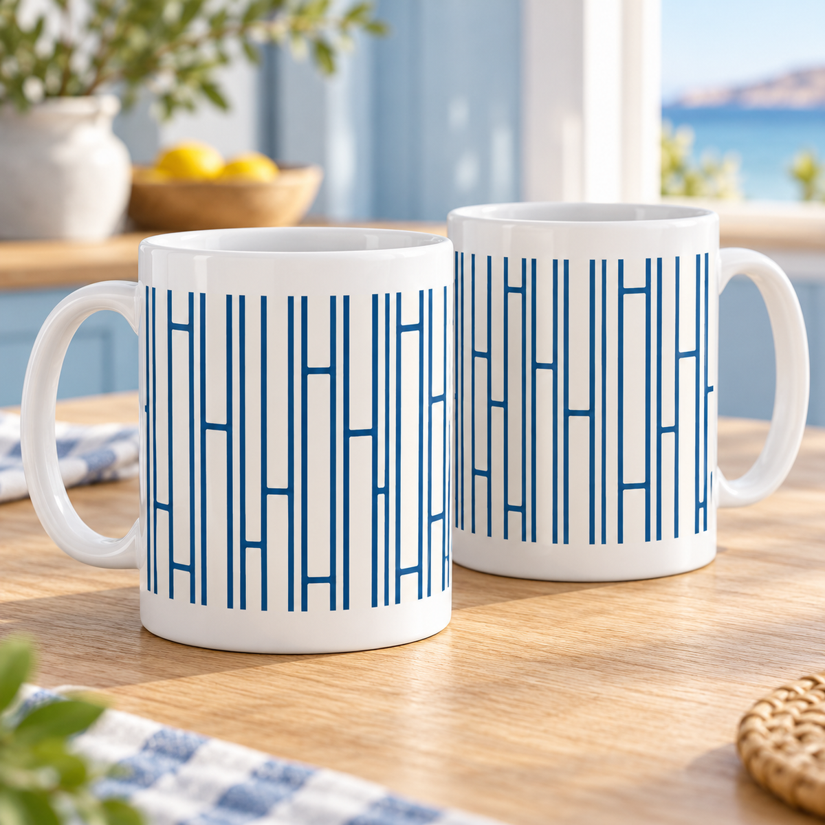 Two white ceramic mugs with ocean-blue ladder stripes and white borders