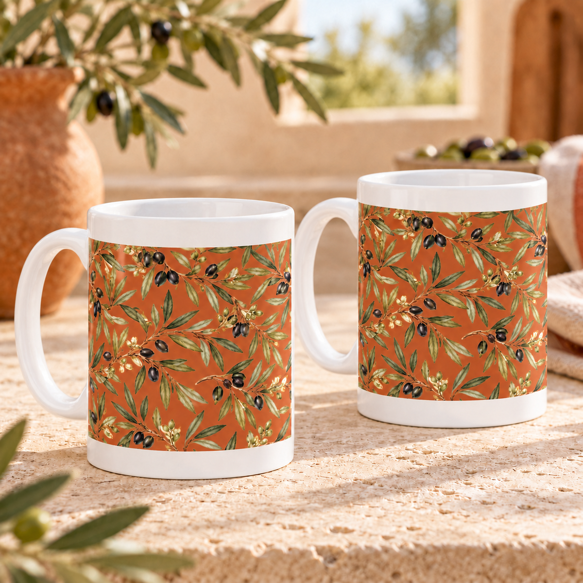 Olive Branches Ceramic Mugs – Set of 2 with both handles on the left and clear white ceramic borders