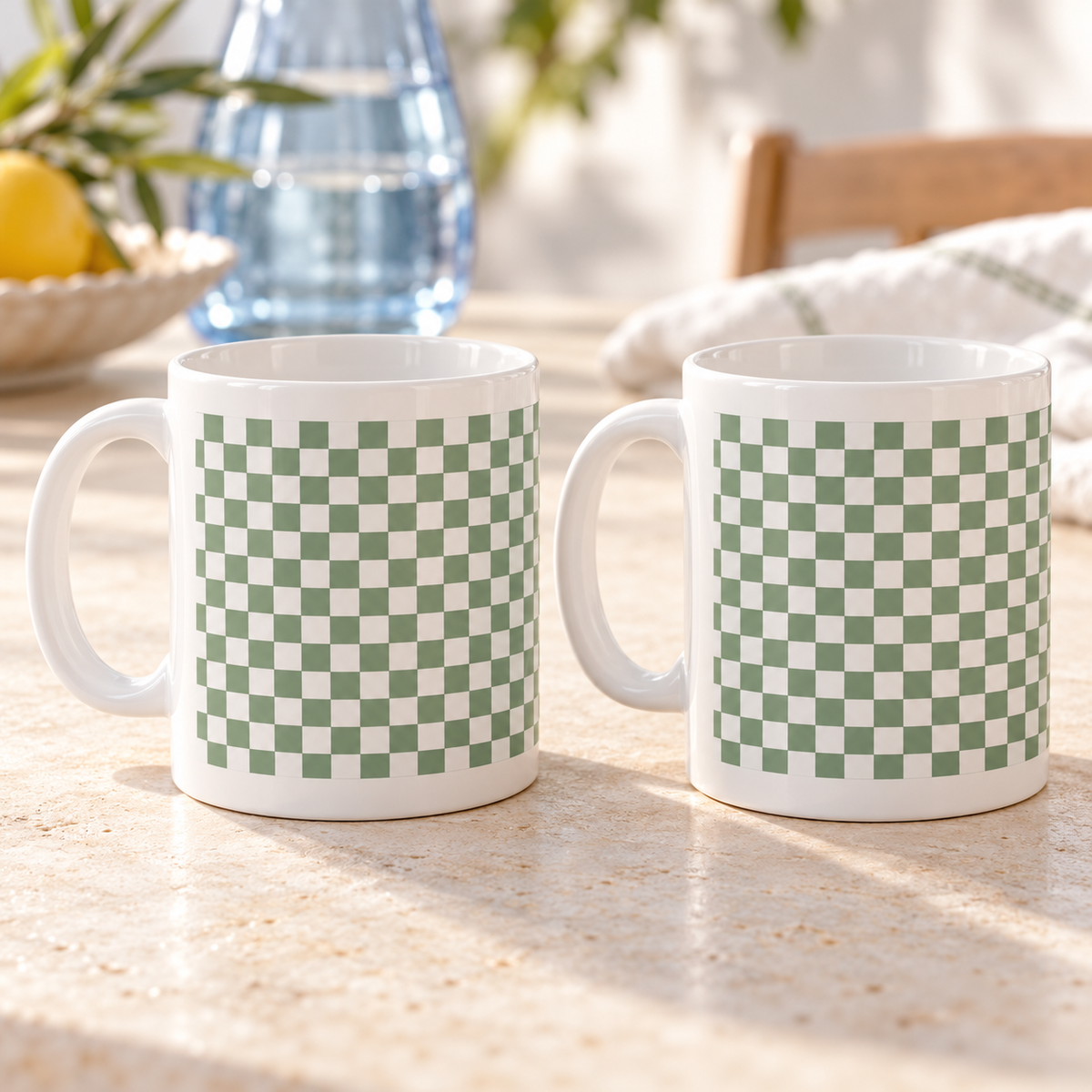 Sage Gingham Ceramic Mugs – Set of 2