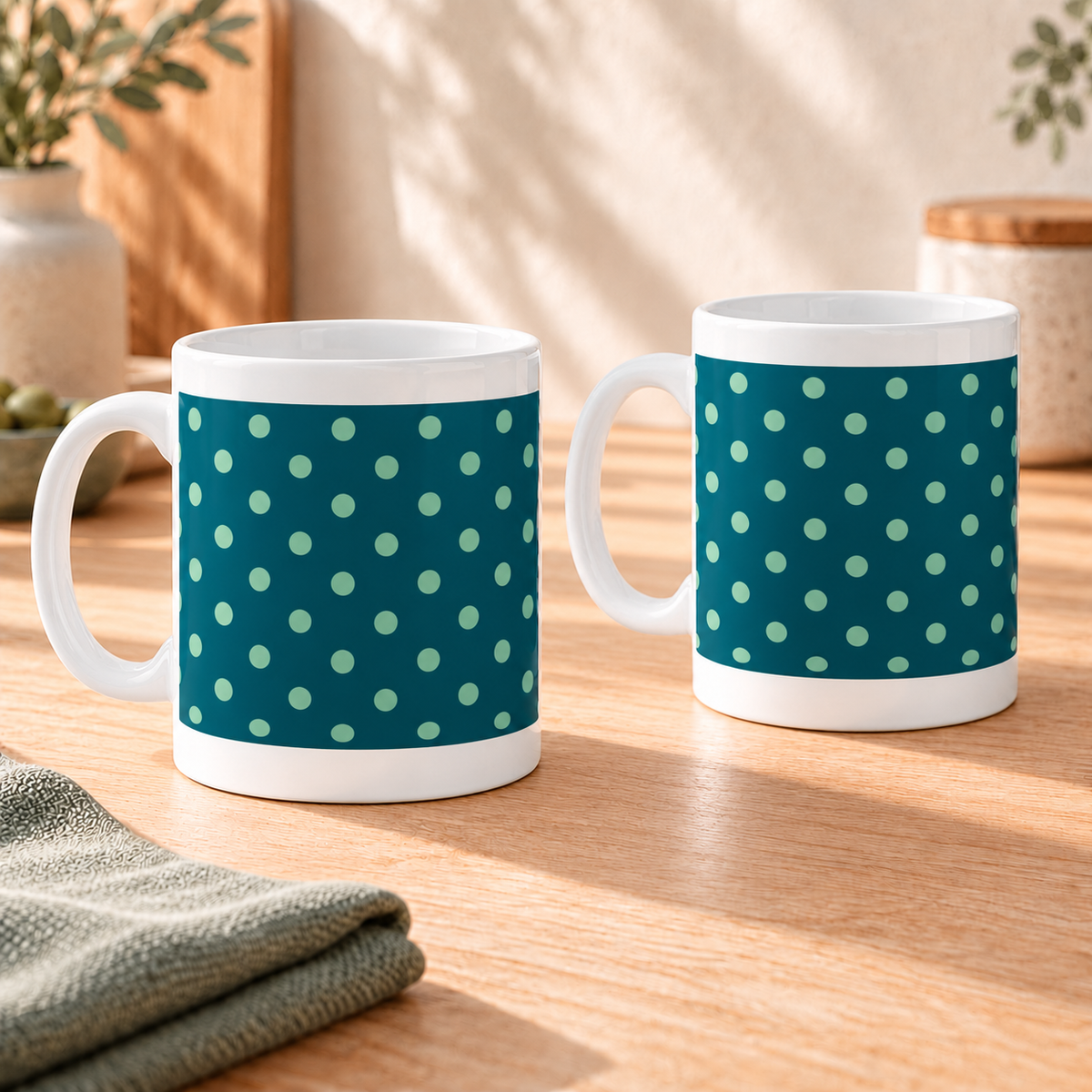 Sage Polka Dots Ceramic Mugs – Set of 2 with both handles on the left and clear white ceramic borders