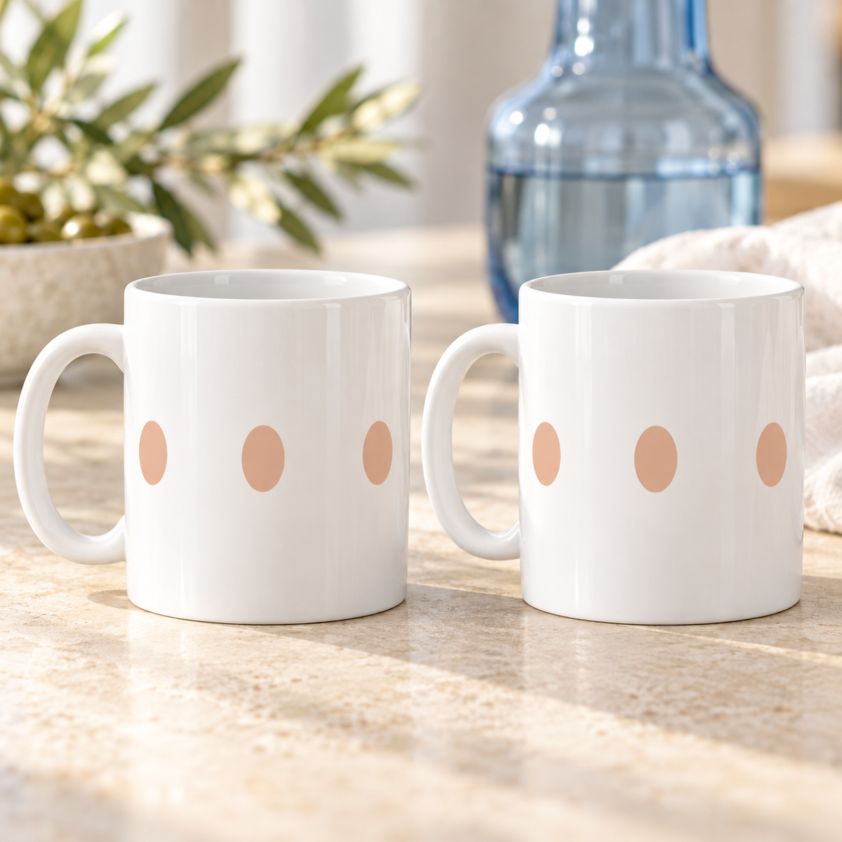 Soft Peach Oval Ceramic Mugs – Set of 2 — matching pair of 330ml ceramic mugs, both handles on the left