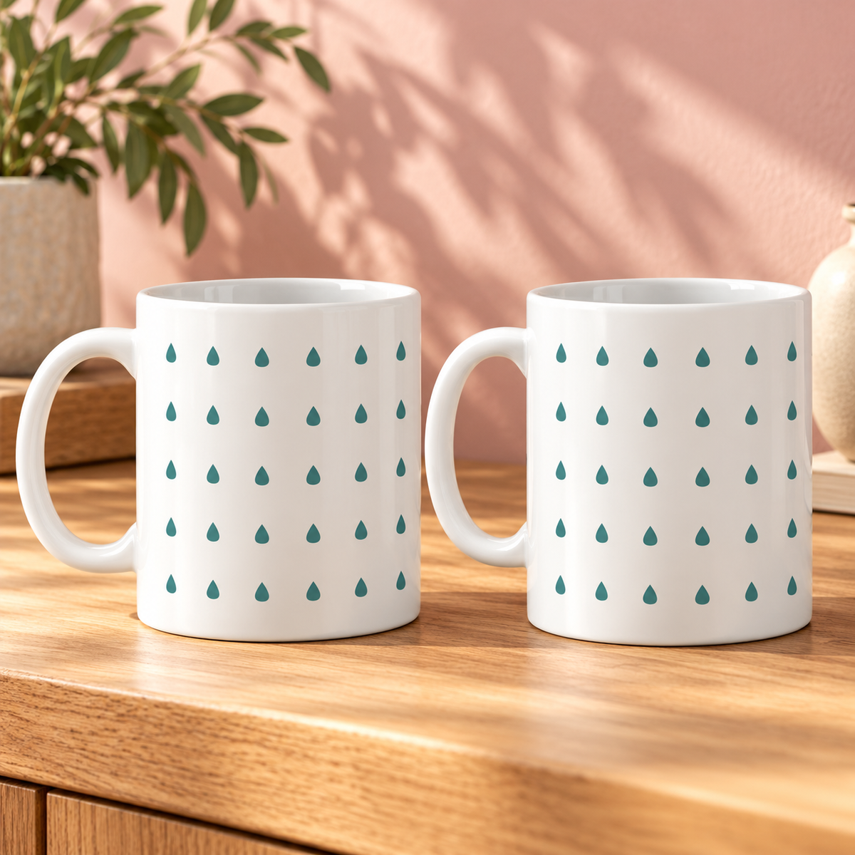 Teal Raindrops Ceramic Mugs – Set of 2 with matching printed designs, white ceramic borders and both handles on the left