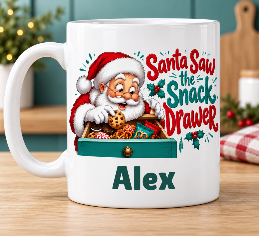 Santa Saw the Snack Drawer – Personalised Mug — personalised example Alex