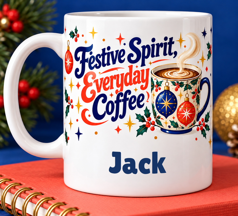 Festive Spirit, Everyday Coffee – Personalised Mug — example name Jack