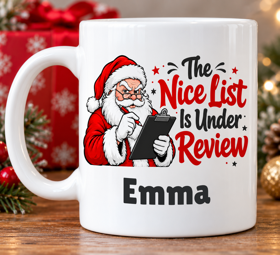 The Nice List Is Under Review – Personalised Mug — personalised example Emma