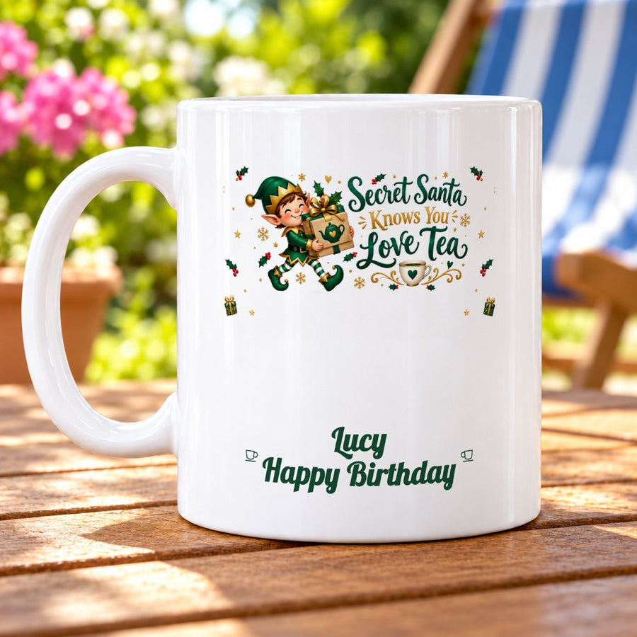 Secret Santa Knows You Love Tea – Personalised Mug personalised with Lucy Happy Birthday