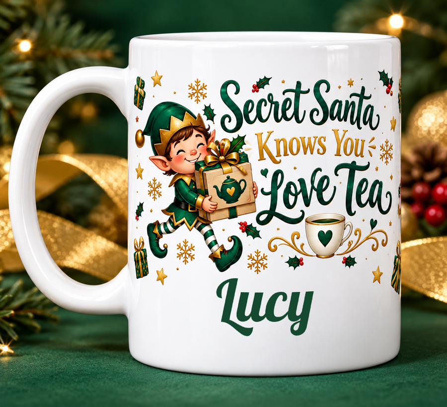 Secret Santa Knows You Love Tea – Personalised Mug — personalised example Lucy