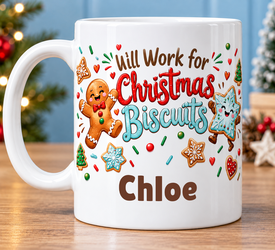 Will Work for Christmas Biscuits – Personalised Mug — personalised example Chloe