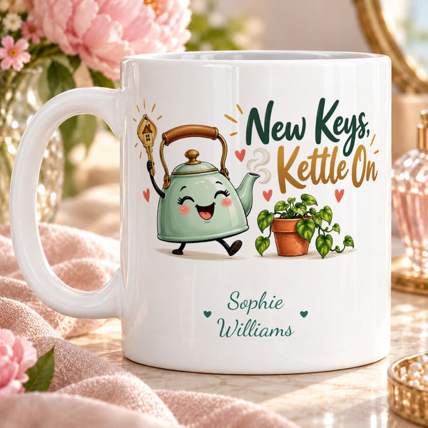 New Keys, Kettle On – Personalised Mug — cheerful cartoon mint-green kettle character with a brass house-key, small terracotta pot and hearts