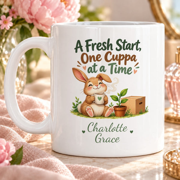 A Fresh Start, One Cuppa at a Time – Personalised Mug — optimistic cartoon rabbit with steaming cup next to a fresh seedling and small moving box