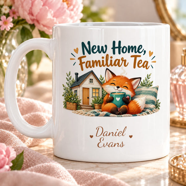New Home, Familiar Tea – Personalised Mug — cosy cartoon fox hugging favourite teal tea mug by tiny house and striped cushion