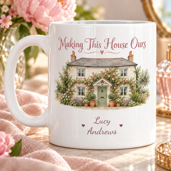 Making This House Ours – Personalised Mug — refined watercolour cosy cream house, sage front door, terracotta plant pots and climbing roses