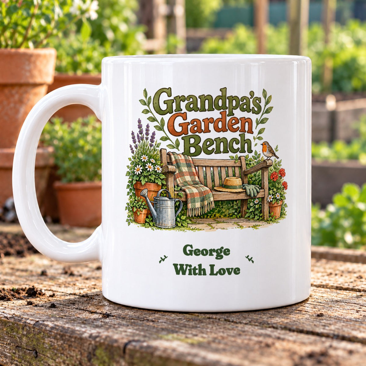 Grandpa’s Garden Bench – Personalised Mug — personalised example George, With Love