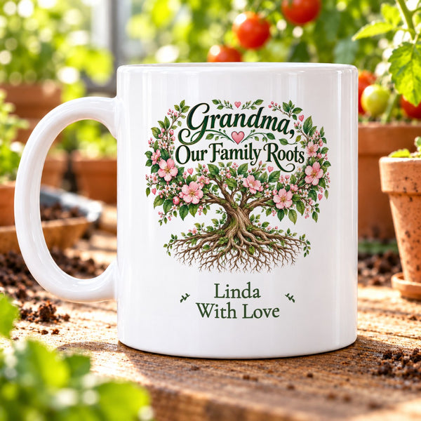 Grandma, Our Family Roots – Personalised Mug — personalised example Linda, With Love