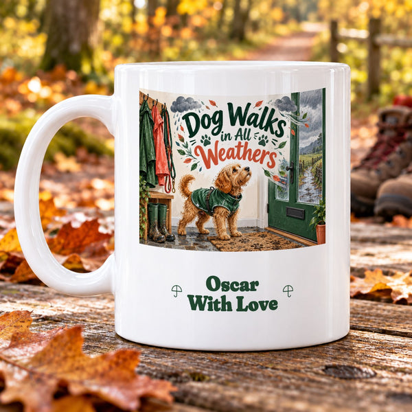 Dog Walks in All Weathers – Personalised Mug — personalised example Oscar, With Love