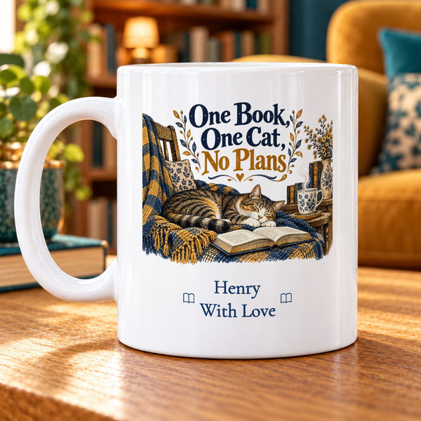 One Book, One Cat, No Plans – Personalised Mug — personalised example Henry, With Love