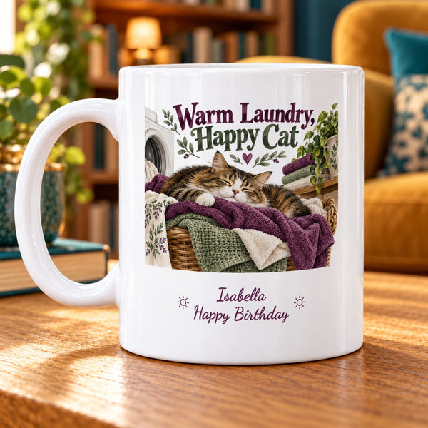 Warm Laundry, Happy Cat – Personalised Mug — personalised example Isabella, Happy Birthday