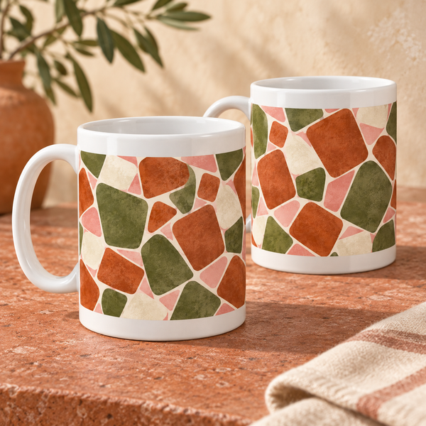 Tumbling Tiles abstract ceramic mugs, matching set of two, full wraparound print
