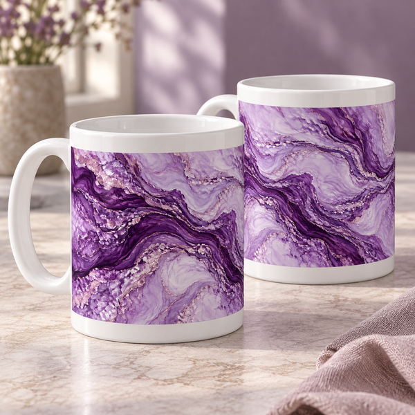 Amethyst River abstract ceramic mugs, matching set of two, full wraparound design