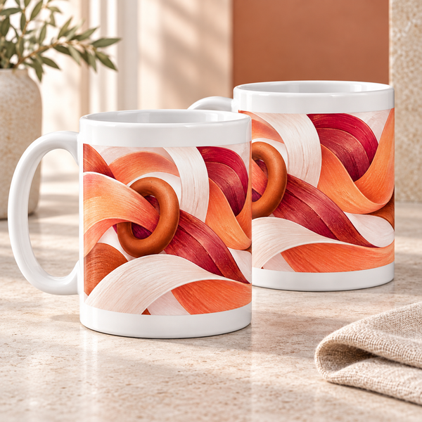 Apricot Loop abstract ceramic mugs, matching set of two, full wraparound print