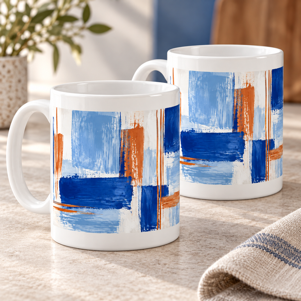 Blue Studio abstract ceramic mugs, matching set of two, full wraparound design