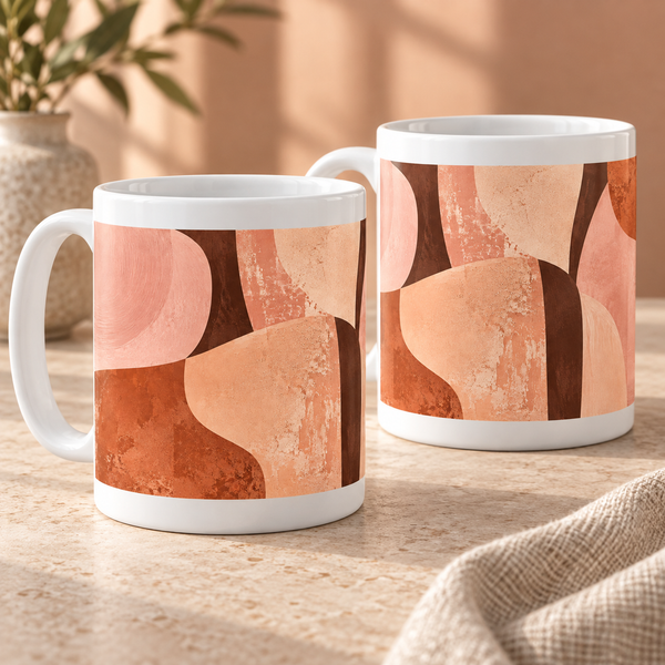 Blush Assemblage abstract ceramic mugs, matching set of two, full wraparound print