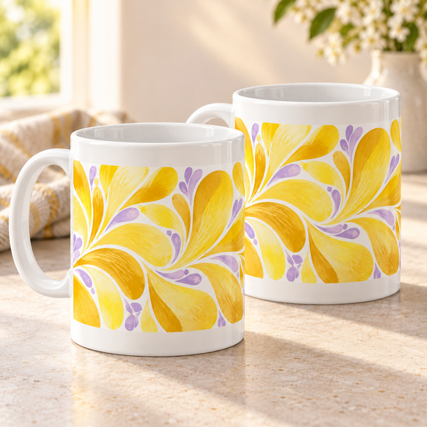 Buttercup Forms abstract ceramic mugs, matching set of two, full wraparound print
